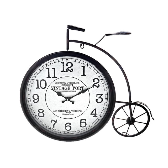Horloge de Vélo en Métal Noire avec un Cadre en Métal Noir Vieilli en Forme de Bicyclette vintage, Présentant une Grande Roue avant comme Horloge Murale Ronde avec des Chiffres Noirs et des Mains de Style vintage sur un Cadran Blanc, Mesurant 24 L x 2,5 L x 20 H Pouces, Convient à la Déco Rustique de la Maison Ou aux Cadeaux.