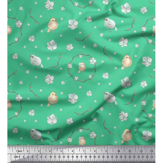 Soimoi Green Georgette Viscose Fabric Wreath & Bird Print Sewing Fabric Yard 42 Inch Wide