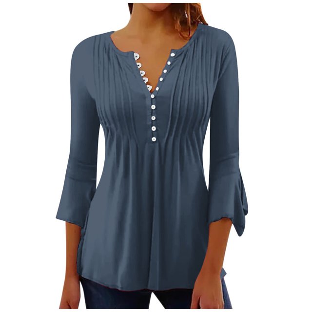 Timegard Hauts d'Été pour Femmes Plissés à Encolure en V Échancrée Évasée Manches 3/4 T-Shirts Confortables Tunique Chic Décontractée