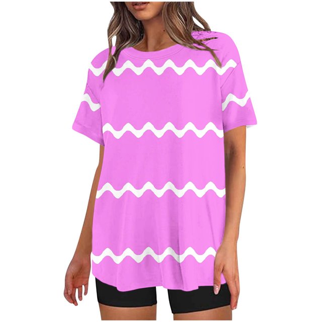 Mikilon Ensemble Élégant pour Femmes 2 Pcs Mode Décontractée Rayé Imprimé Col Rond Épaule Tombante Short Ensemble Deux Pièces Rose-B L