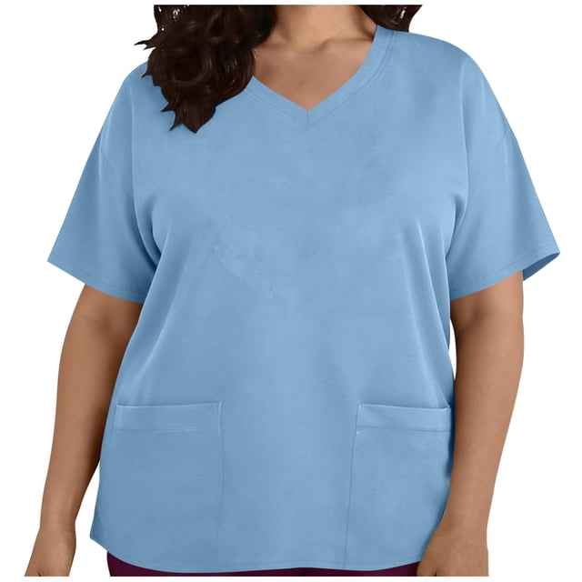 cfhntfmh Oversized Shirts for Women V Neck Plus Size Classic T-Shirt Summer Work Tops with Pockets Beach Vacation Basic Tee