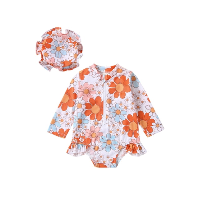 Fortune Infant Girls Swimsuit Baby Flower Print Long Sleeve Zipper Ruffle Swimwear and Cap set. The swimsuit features a vibrant orange and pink floral pattern, long sleeves, a round neck, and a front zipper closure. Includes matching ruffled swim cap. Made of polyester, ideal for baby swimwear, summer outings, or beach activities. Suitable for baby girls aged 0-24 months.