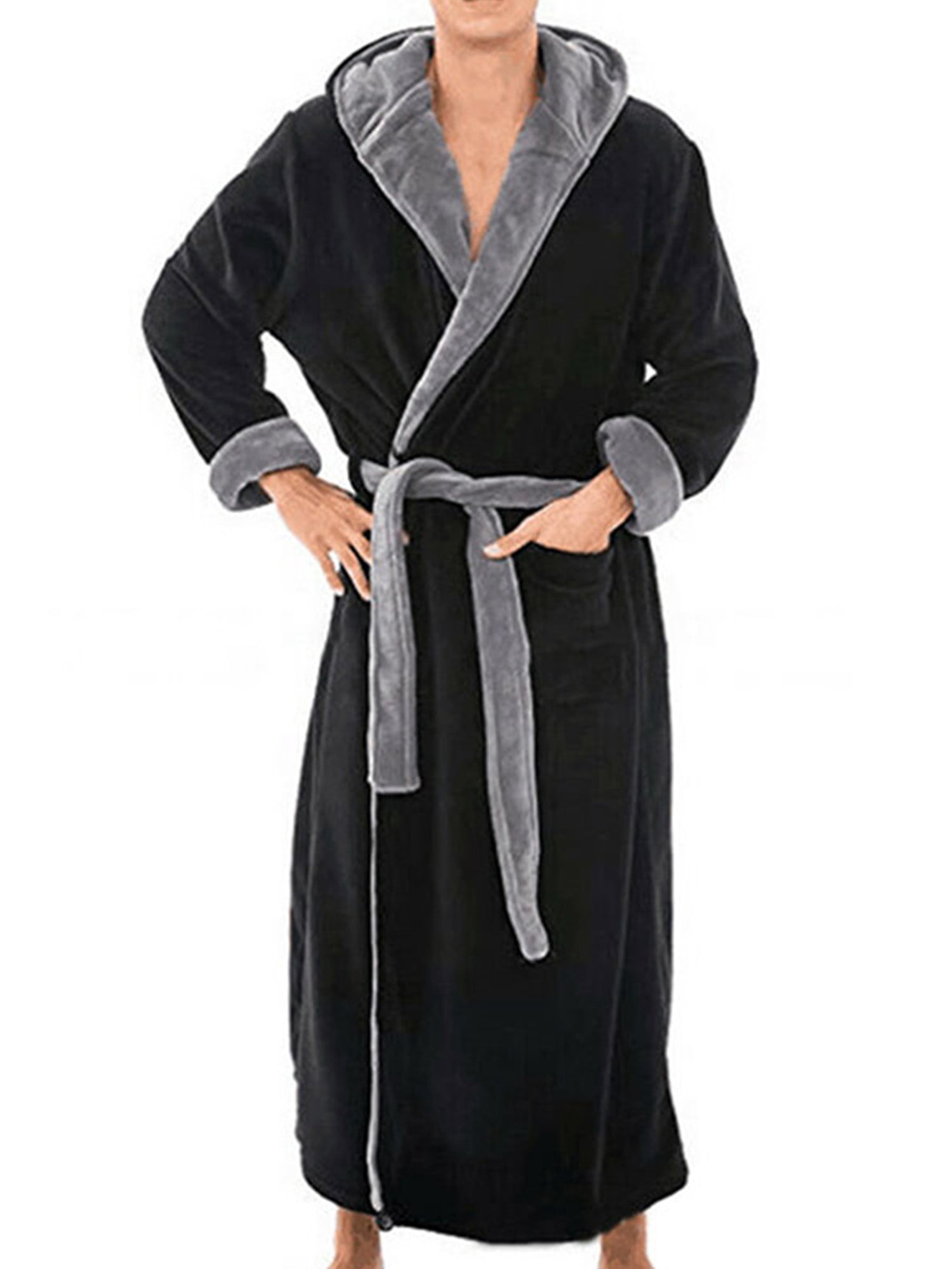 MAWCLOS Men Wrap Robe Long Sleeve Dressing Gown Solid Color Bath Robes Warm Night Hooded Towelling Black Gray XL