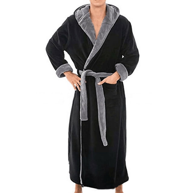 Innerwin Dressing Gown Solid Color Men Wrap Robe Home Hooded Thicken Plush Bath Robes Black Gray 2XL. This men's long-sleeve bathrobe features a black exterior with a contrasting gray hood, collar, and cuffs. Made from a soft polyester-cotton blend, it includes a belted waist and two front pockets for convenience. Designed for warmth and comfort, it is ideal for lounging, nightwear, or casual home wear during colder seasons.