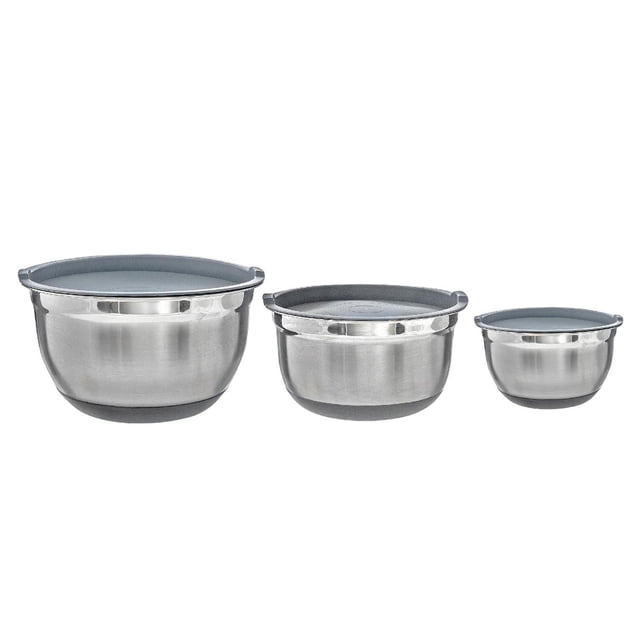 German Bowl With Grey Lids And Anti Skid Base set of three stainless steel mixing bowls with round grey lids and black anti-skid bases, each measuring 9.84 inches diameter by 4 inches height, ideal for kitchen use and dishwasher safe, also suitable for storing ingredients or leftovers