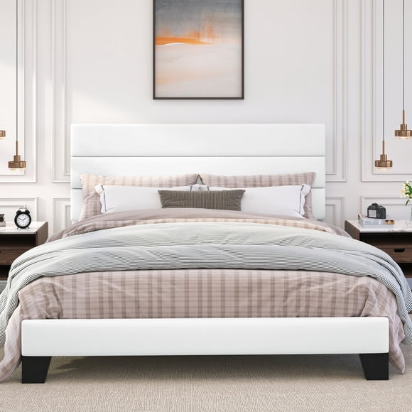 Amolife Full Bed Frame, Platform Bed Frame with Upholstered Velvet Headboard, White