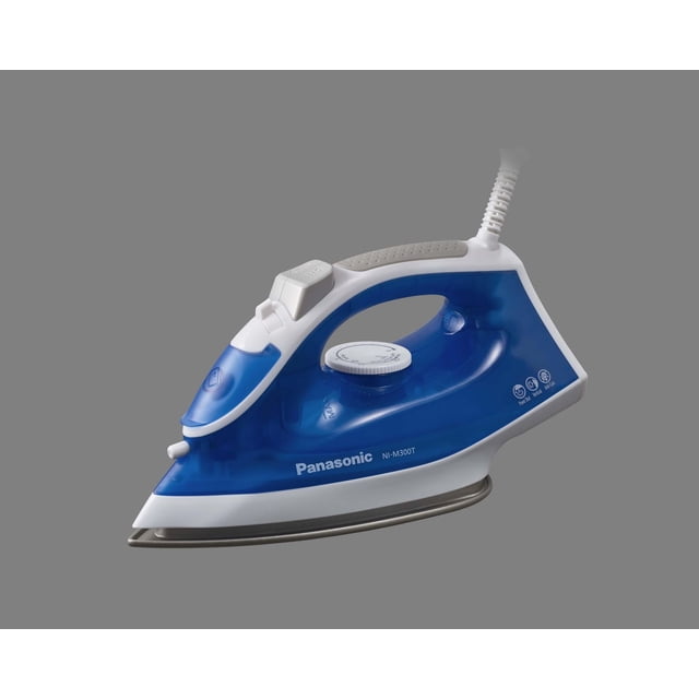 Panasonic NIM300TA Light Steam Iron in blue and white with a titanium-coated curved soleplate, 1500 watts power, adjustable steam control, spray mist and power shot features, anti-slip grip, and 360° swivel cord for efficient ironing.