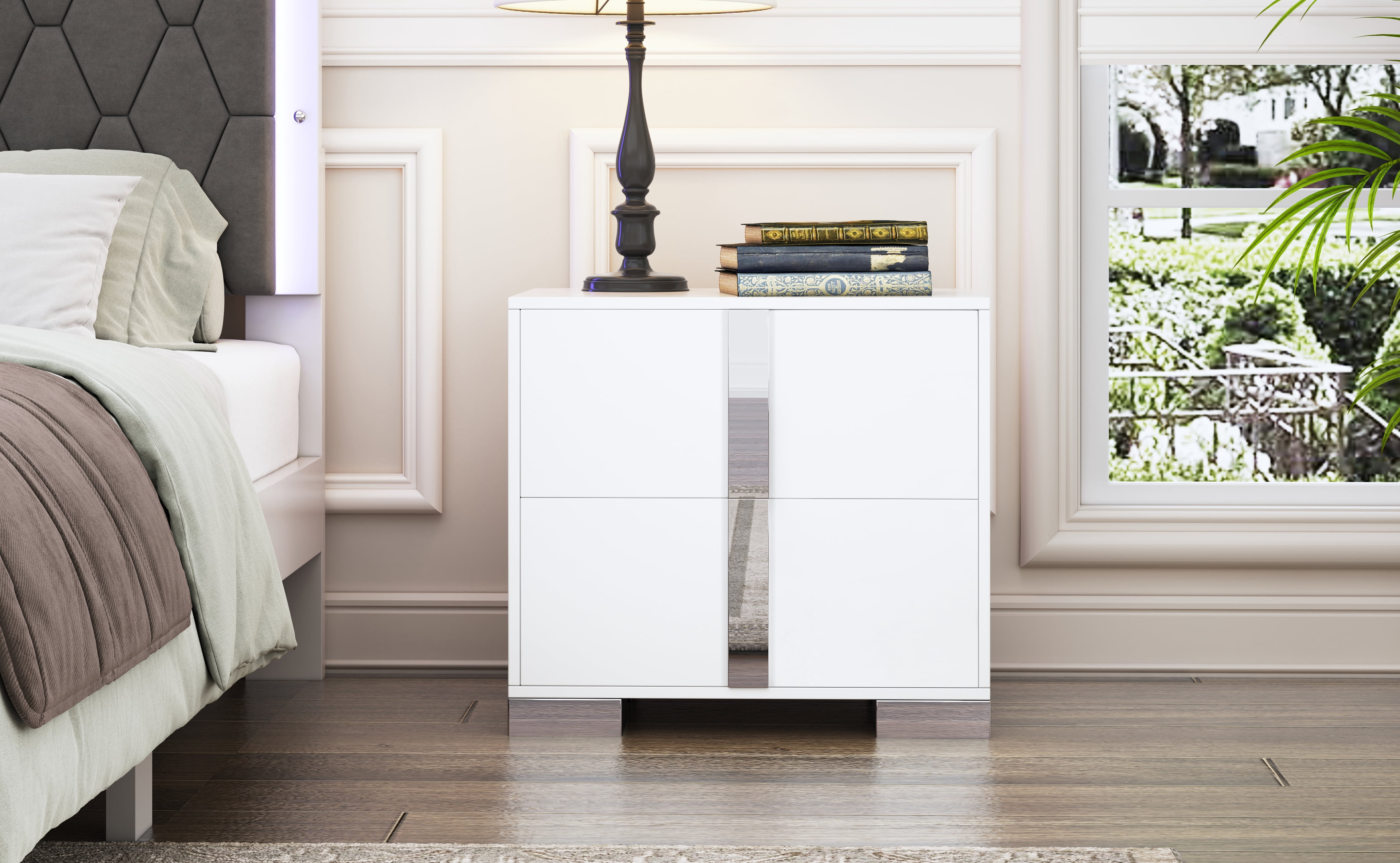 Noble House Elegant Nightstand with Metal Foot, Mirrored Bedside Table, White