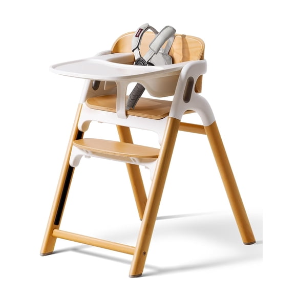 Momcozy DinerPal Wooden High Chair for Babies, Toddlers & Adults Up to 140kg, Convertible Baby Highchair with Food-Grade Tray, Dishwasher-Safe, Adjustable & Ergonomic, Natural Wood