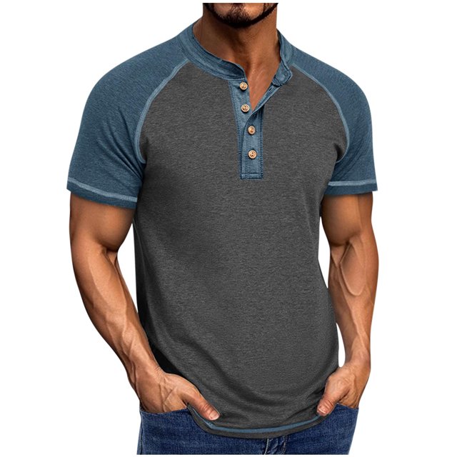 CHGBMOK Mens Shirts Solid Color Buttons Outdoors Breathable Short Sleeve Round Neck Collar Blouse Sizes S-2XL