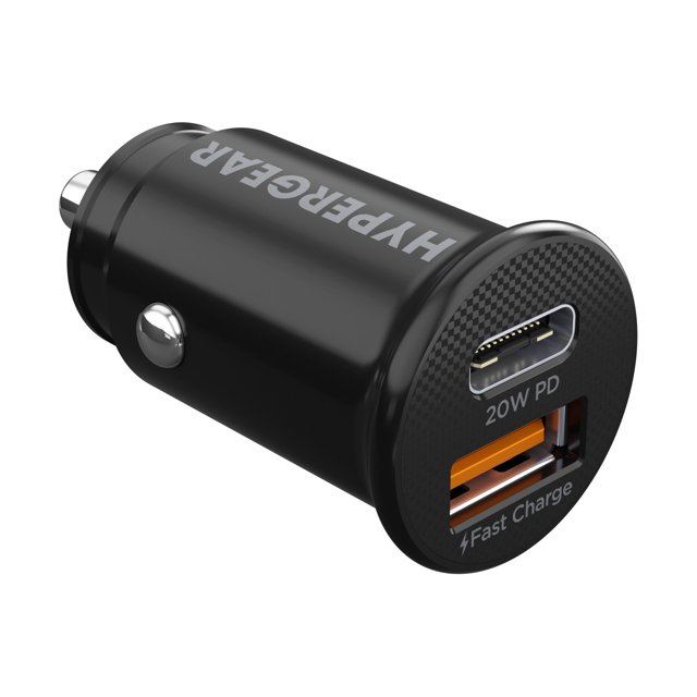 HyperGear mini 20W USB-C PD + 18W USB Fast Car Charger in black, featuring Power Delivery (PD) and Adaptive Fast Charging technology. Compact design with a USB-C port labeled '20W PD' and a USB port labeled 'Fast Charge' for efficient charging.