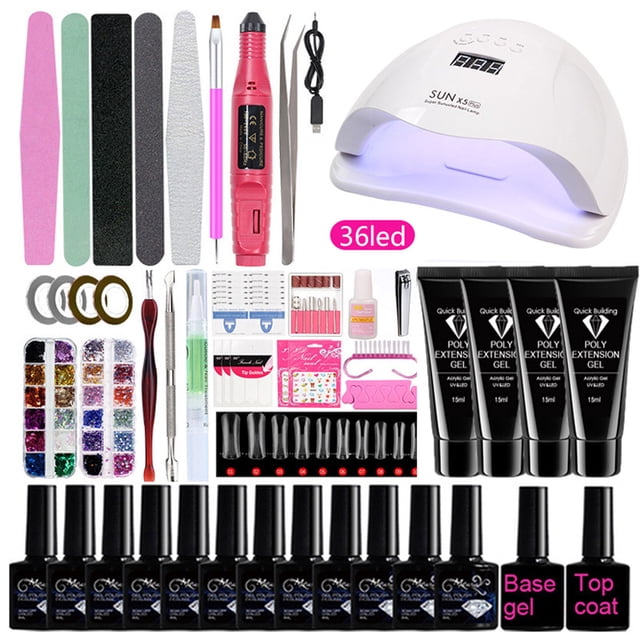 Outils Complets de Démarrage pour Art des Ongles Fournitures Kit d'Extension de Gel pour Ongles avec une Lampe à Ongles Blanche de 80W, 12 Bouteilles de Vernis à Ongles de 8ml, Couches de base et de Finition, Bandes de Polissage en Éponge, Dissolvant et Poussoir de Cuticules, Pinces, Fils Dorés et Argentés, Séparateurs de Doigts, Pinceau d'Art des Ongles, Colle, Coupe-Ongles, Strass, Autocollants Français, Autocollants pour Ongles, Paquets de Retrait d'Ongles, machine Portative de Perçage d'Ongles avec 6 Embouts de Perçage, tubes de Gel d'Extension
