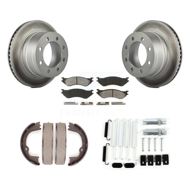 Transit Auto Rear Disc Coated Rotors Semi-Metallic Pads Parking Brake Shoes and Hardware Kit for Car 2007 Dodge Ram 1500 Extended Crew Cab Pickup with 5 Lug Wheels KGS-103357