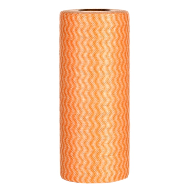 WIFKLSIIPG Counts Dish Cloths Kitchen Reusable Disposable Cleaning Towels and Dish Cloths Cleaning Rags Wipes Disposable, shown as a roll of 50 orange nonwoven sheets with a wavy pattern. Designed for cleaning tasks in kitchens, bathrooms, and other areas. Each sheet measures 20x30 cm and is reusable up to 20 times. The roll is compact, measuring 20x7x7 cm.