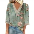 thumbnail image 2 of Qertyioot Liquidation Mode T-shirt Blouse Décontractée pour Femme d'Été à Col en V, Manches 3/4, Imprimé en Dentelle, 2 of 5