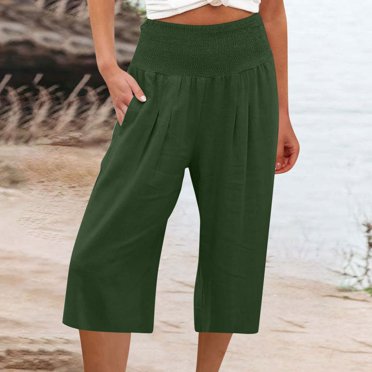 CFLVAEK Cotton Linen Pants for Plus Size Women with Elastic Waist Cropped Pant Summer Casual Pocket Capri Pants Comfy Wide Leg Lounge Pant