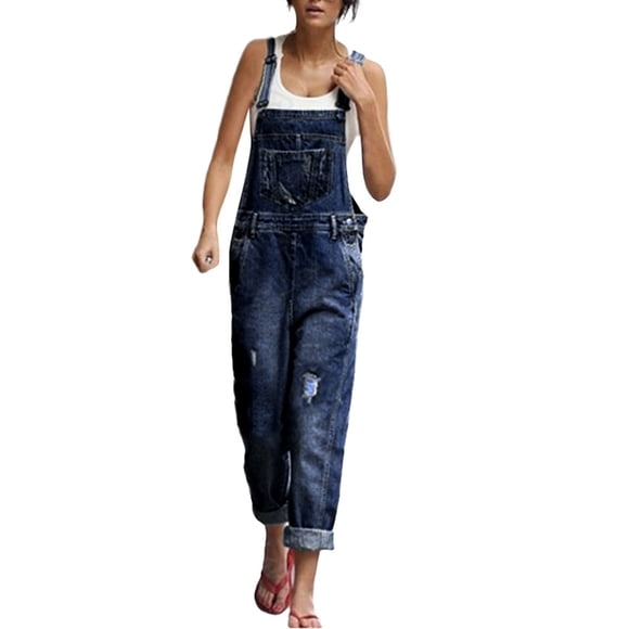 Black_Friday Deals Pxxlle Plus Size Overalls for Women Denim Ripped Jean Bib Overall with Pockets Summer Casual Wide Leg Jumpsuits Loose Sleeveless Adjustable Strap Rompers