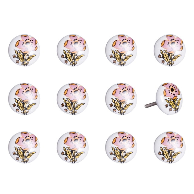 KNOB-IT vintage handpainted ceramic knobs 12-pack featuring round white knobs with pink and yellow floral design and metal bolts, arranged in three rows on white background, ideal decorative cabinet hardware with bolt length that can be trimmed for easy installation.