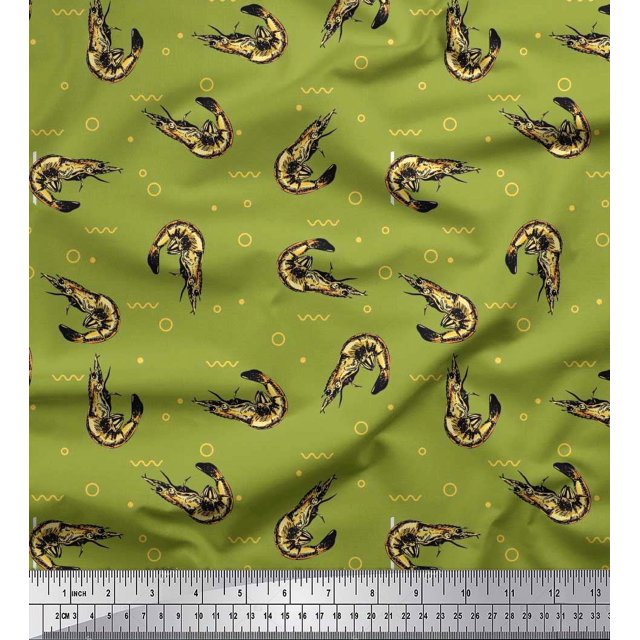 Soimoi Rayon Crepe Fabric Circle,Dot & Prawns Ocean Decor Fabric Printed Yard 46 Inch Wide