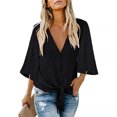 thumbnail image 2 of maskred Women Buttons Twisted Hem Deep V Neck Ruffled 3/4 Sleeves Blouse Black L, 2 of 4