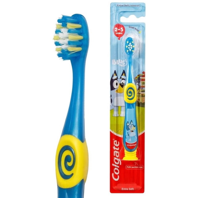 Colgate Bluey Toothbrush For Children With Suction Cup Kids 2-5 Years Old Extra Soft (Colors & Characters Very) - Pack Of 2