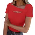 thumbnail image 1 of Lenpel T Shirts for Women Fashion Summer Short Sleeve Cutout Ribbed Knit Solid Color Slim Basic Tees Going out Tops, 1 of 7