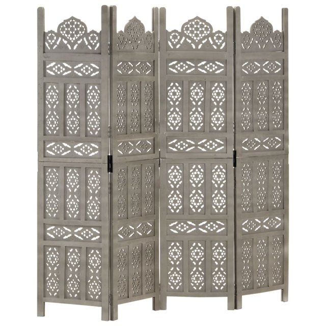 vidaXL Hand carved 4-Panel Room Divider Grey 160x165 cm Solid Mango Wood