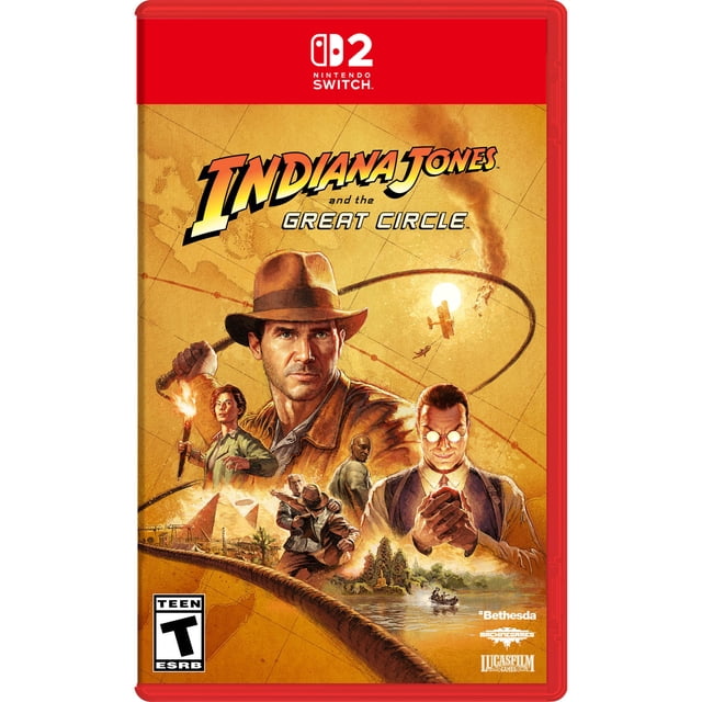 Indiana Jones and the Great Circle – Nintendo Switch 2 game cover featuring Indiana Jones in a fedora and leather jacket holding a whip, with adventure scenes including a torchbearer, a man in a suit, a biplane, pyramids, and jungle river landscapes on a sepia map background.