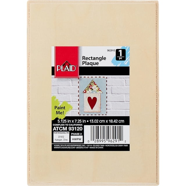 Plaque Value Rectangle wooden plaque with smooth unfinished surface measuring 5.125 by 7.25 inches, designed as a wood canvas for painting and crafting, featuring a Plaid brand label encouraging personalization and creative projects.