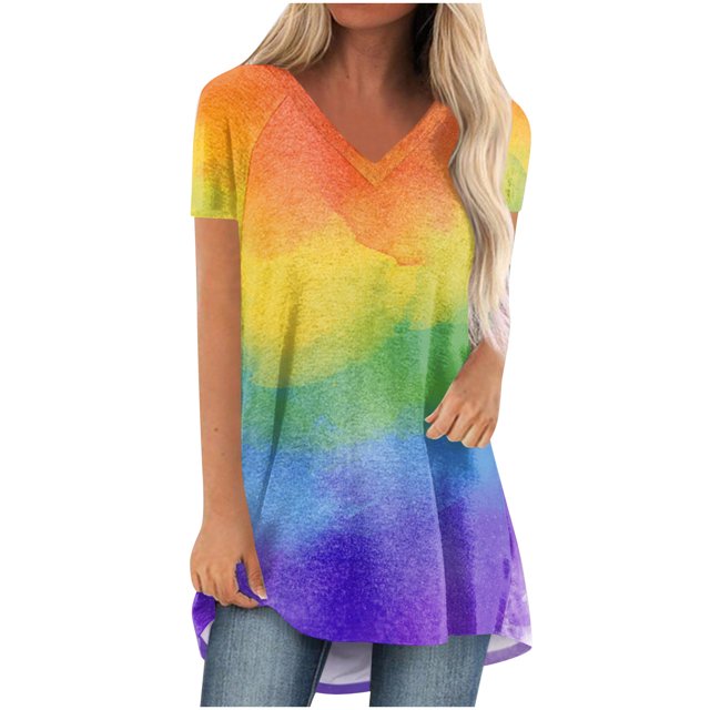 Birdeem Blouse à Imprimé Dégradé pour Femmes, Col en V, Manches Courtes, T-Shirt Ample, Hauts