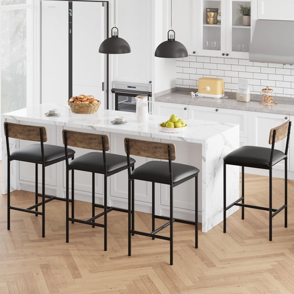 GloryStar Bar Stools Set of 4, Upholstered Counter Height Bar Stools with Backrest and Footrest, Kitchen Barstools for Island, Counter Bar, Easy Assembly, Rustic Brown