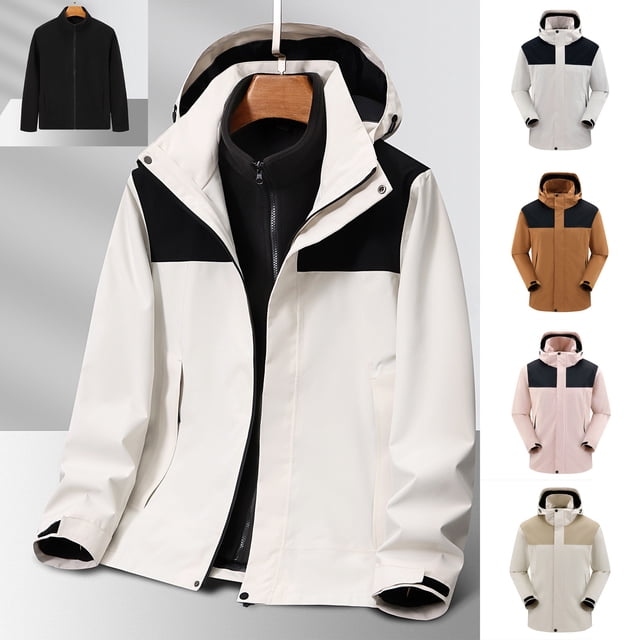 Sentmoon Two Piece Sets Waterproof Jackets for Men and Tops Solid Color Long Sleeve Hooded Neck Men Coat Oversized Zipper Windbreaker Clothes for Men with Pockets Fall and Winter for Commuting