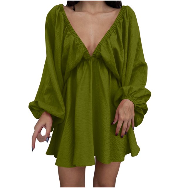 Robe Longueur Genou pour Femmes Col en V Longueur Genou Robe à Manches Longues Aguichant Rétro Robe Ample Aguichant Longue Robe pour Femmes Robe Ample pour Femmes Longue Robe Aguichant pour Femmes