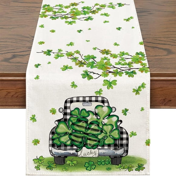 shyuyusa Chemin de Table en Tissu de Lin à Trèfle à Quatre Feuilles, Décor de Table Imprimé de Plantes Vertes Saisonnières, Longue Bande de Couverture pour Salle à Manger, Aménagement de Table de Festival Intérieur