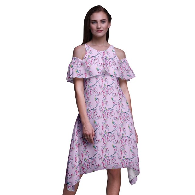 Bimba Robe Droite Évasée à Épaules Dénudées pour Femmes, Imprimée Aquarelle Violette, Volantée à l'Avant - Petit
