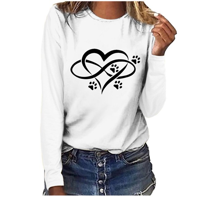 T-shirt Blouse à Manches Longues Décontracté Ample à Col Rond Imprimé pour Femmes
