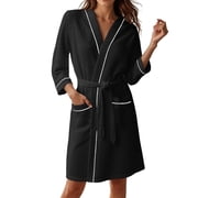 Lixiuxyad Women's Lightweight 3/4 Sleeve Robe Knee Length Kimono Bathrobe Spa Robe For Women Black
