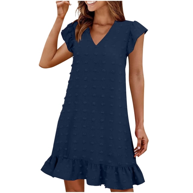 LOVZFMLL Robes d'Été pour Femmes 2025 Col en V Manches Courtes Volantées Ourlet à Volants Robe Smock Mini Décontractée Plage Vacances Vêtements pour Femmes Bleu Foncé L