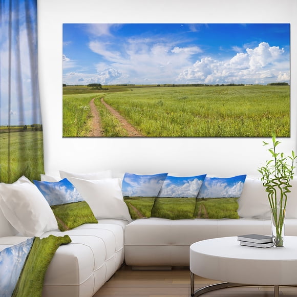 Road in Field with Green Grass - Landscape Canvas Art Print