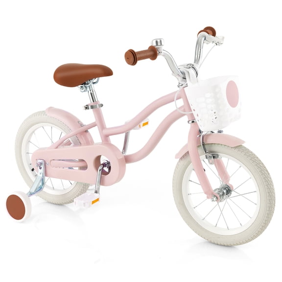 Gymax Vélo pour Enfants 14 Pieds' Bicyclette d'Entraînement pour Enfants avec Roues Stabilisatrices Amovibles et Panier Rose