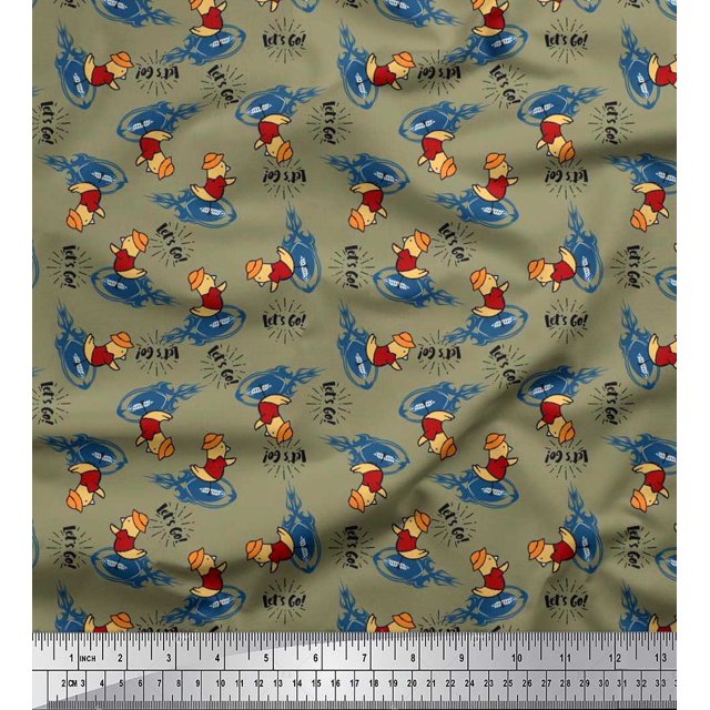 Soimoi Cotton Voile Fabric Text,Rugby Ball & Bird Cartoon Printed Craft Fabric by The Yard 56 Inch Wide