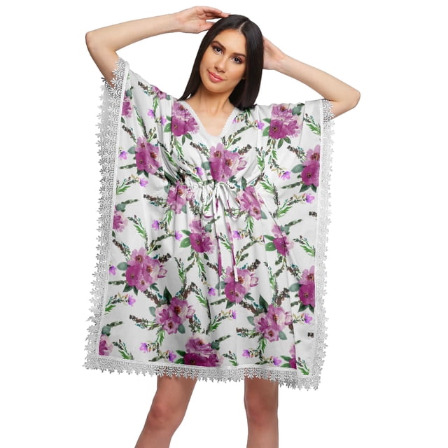 Moomaya Robe Courte de Caftan de Plage, Robe de Couverture Imprimée, Kaftan pour Femmes, Tenue de Plage, Couverture
