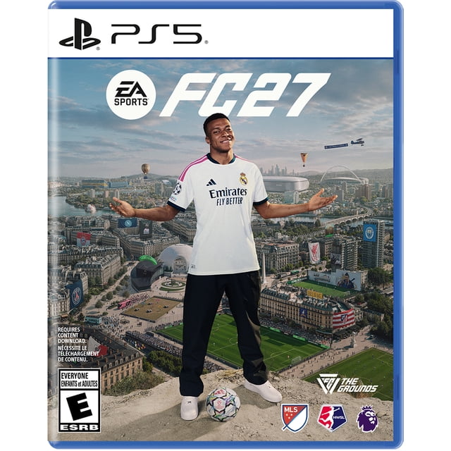 EA SPORTS FC 27 (Playstation 5) PS5 football game cover with stylized player silhouettes and lit stadium; notes The Grounds social mode and Clubs (Kickabouts, 2v2, Clubs-only 11v11), Amps and Masteries, FUT Gallery and rebuilt Transfer Market, with multiplayer gameplay and popular use for streaming highlight clips.