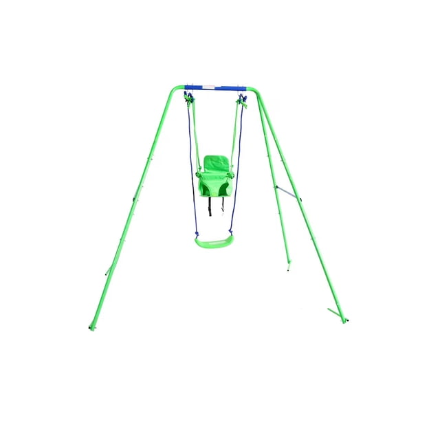 Sportspower 2 In 1 Swing set with green metal frame and blue top bar, including a green nursery swing with backrest and safety straps and a green single swing seat with blue ropes, suitable for outdoor play for children aged 12-36 months and 3-8 years.