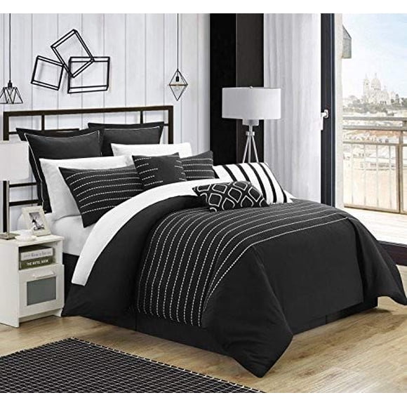 Chic Home Brenton Super Rich Microfiber Stitch Embroidered 9 Piece Comforter Set, Queen, Black
