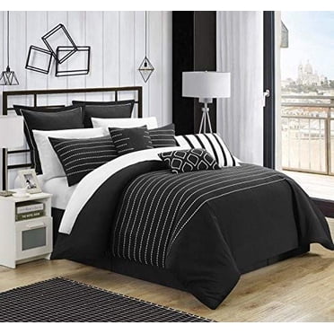 Chic Home Brenton Super Rich Microfiber Stitch Embroidered 9 Piece Comforter Set, Queen, Black