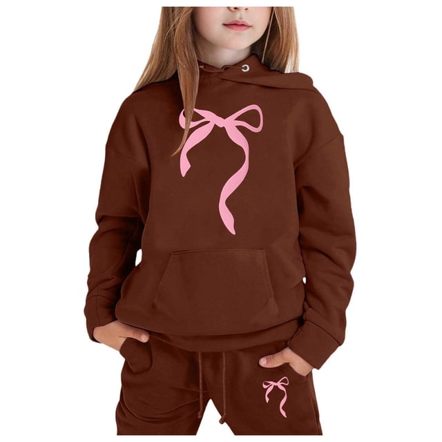 FhsagQ Outfits for Girls Children's Hoodie Set with Bow Print Girls Spring Outfits 4T Spring Coffee 12-13 Years