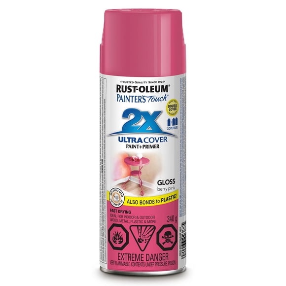 Peinture et apprêt polyvalents Rust-Oleum Painter's Touch 2X intérieur/extérieur Ultra Cover en rose baies brillant, bombe aérosol de 340g