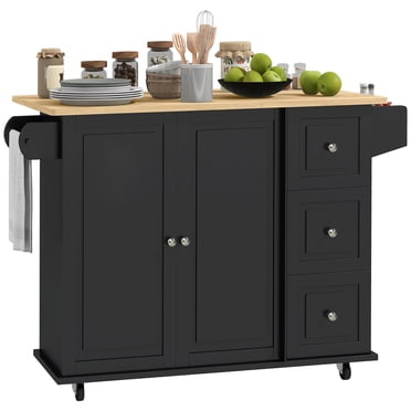HOMCOM Kitchen Island on Wheels Kitchen Cart with Drop Leaf Drawers, Black