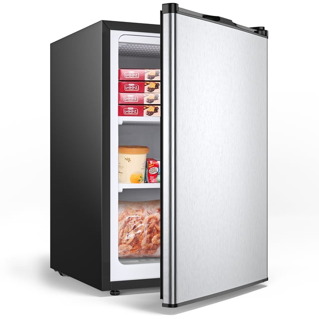 Giantex Congélateur Vertical Compact avec une Porte Simple en Acier Inoxydable et Côtés Noirs, Doté d'Une Capacité de 3,0 Pieds Cubes. Équipé d'Un Compresseur R600a Écoénergétique et d'Une Fonction de Décongélation Manuelle, Il Assure un Refroidissement Rapide et un Entretien Facile. le Congélateur Comprend des Tablettes Ajustables et un Rangement visible des Aliments, Tels Que les Articles Surgelés et la Crème Glacée. Conçu avec une Technologie de Commande Mécanique et une Porte Réversible pour une Ouverture flexible, Il Est Idéal pour les Petits Espaces comme les Dortoirs, les Appartements et les Bureaux.